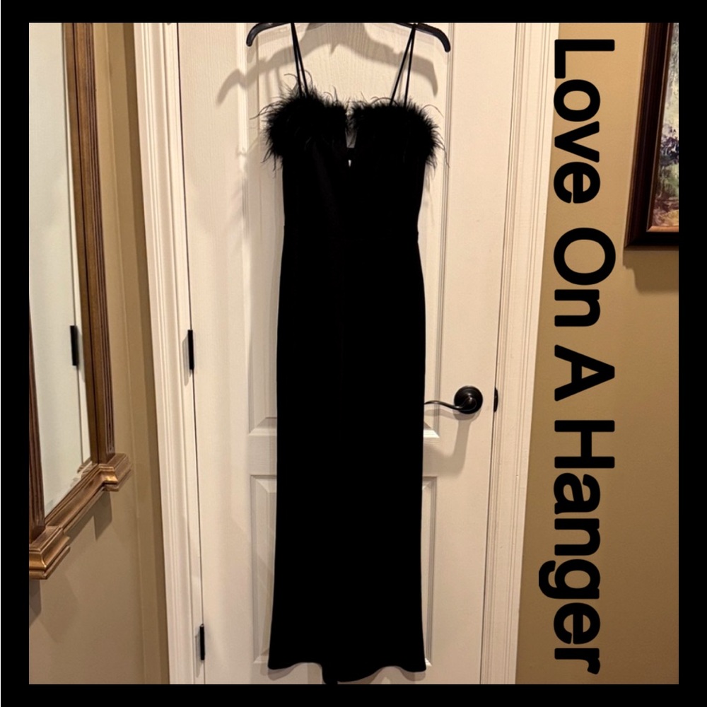 🖤NWT- Love On A Hanger-Long Jumpsuit w/ Bust Feather Black Trim/Spaghetti Straps